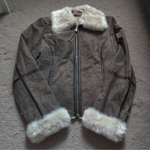 Express Vintage Y2K Brown Leather Jacket Cream Faux Fur Collar Cuffs Distressed